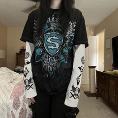 Punk Patchwork Long Sleeve Graphic Tee - fairypeony