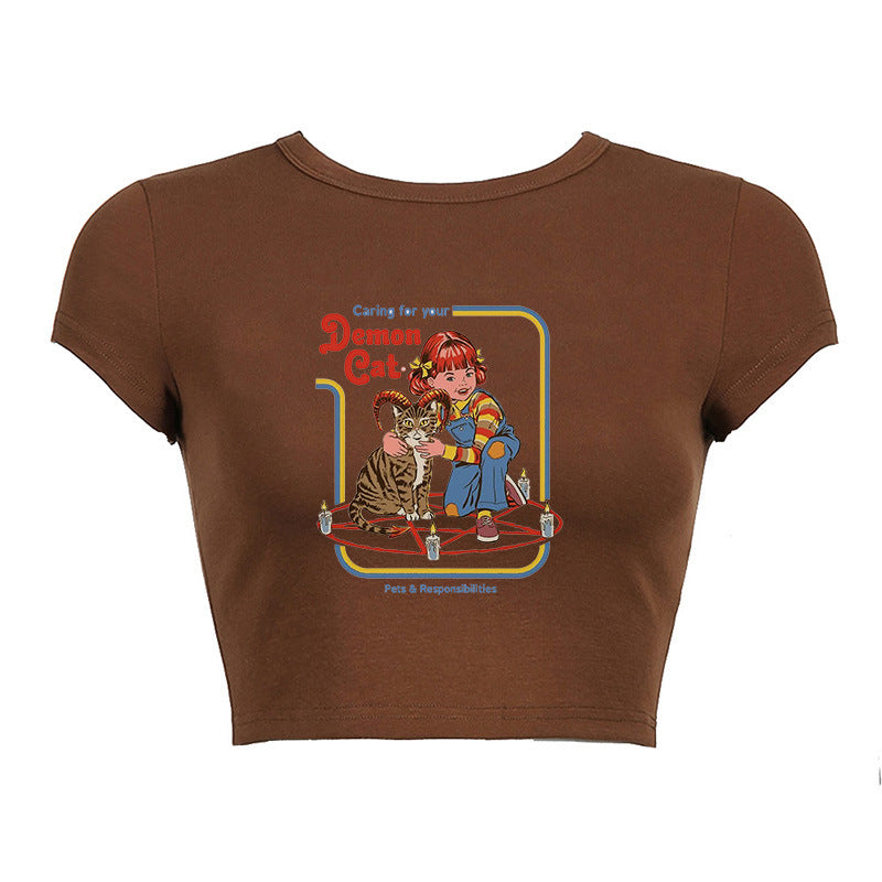 Round Neck Short Print Shirt, , women clothing, round-neck-short-print-shirt, brown, L, M, S, fairypeony