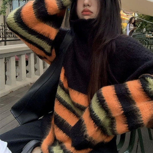Vintage Color Block Striped Fuzzy Knit Sweater - fairypeony