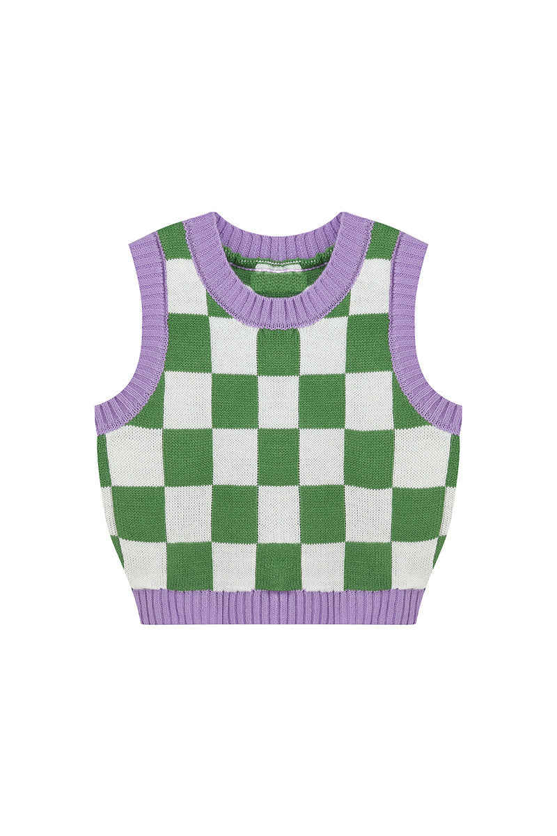 Green & Lavender Checkerboard Vest, , women clothing, green-lavender-checkerboard-vest, Checkerboard, greeen, Lavender, top, vest, fairypeony