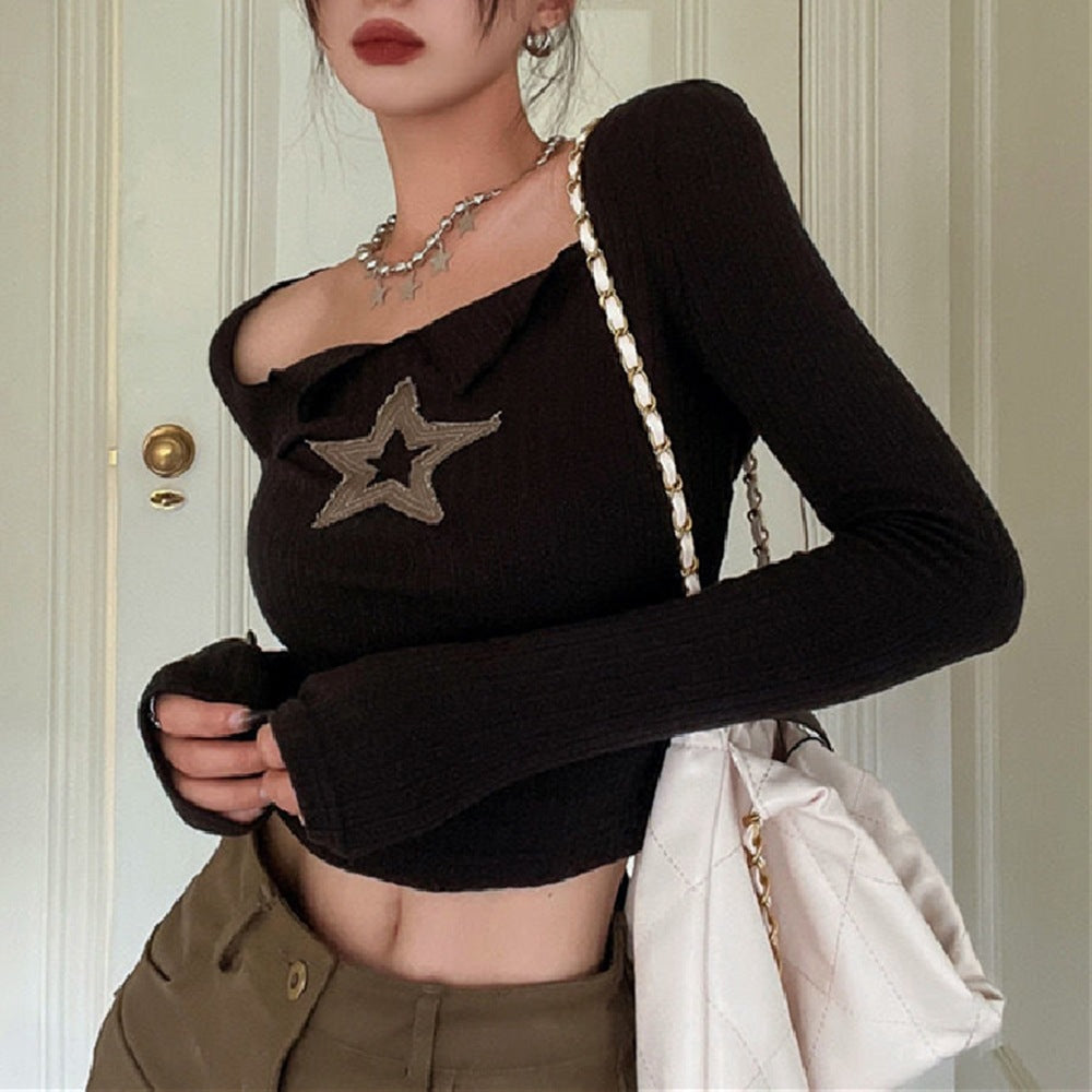 Star Patch Long Sleeve Knit Crop Top - fairypeony