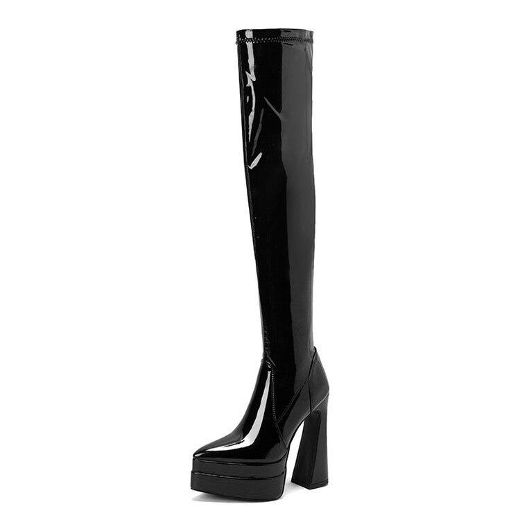 Thick Heel High Tube Plastic Leg Boots, , women clothing, thick-heel-high-tube-plastic-leg-boots, , fairypeony