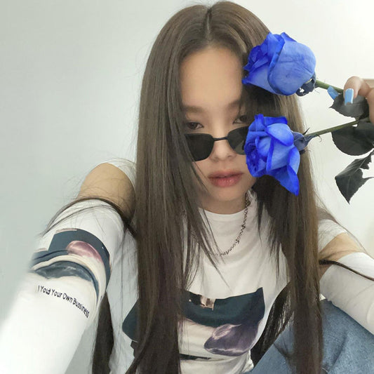 Slim Printed Round Neck Crop T-Shirt, , women clothing, slim-printed-round-neck-crop-t-shirt, , fairypeony