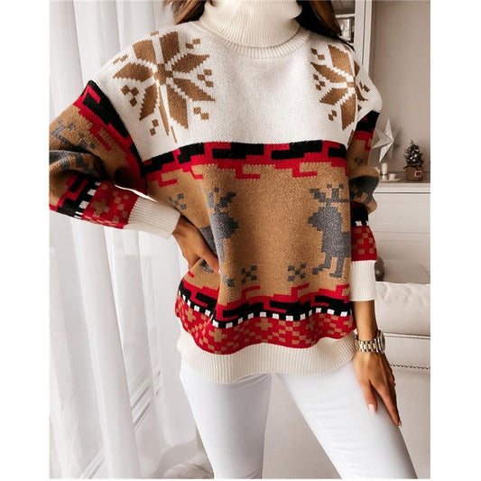 Turtleneck Christmas Jacquard Knitted Sweater, , women clothing, turtleneck-christmas-jacquard-knitted-sweater, , fairypeony