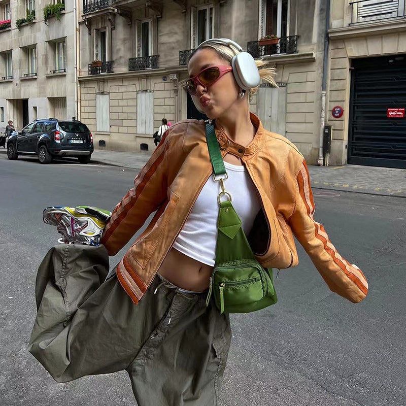 Side Stripe Pu Leather Biker Jacket - fairypeony