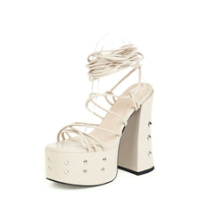 Open-toe Chunky Heel Strappy High-heeled Sandals, , women clothing, open-toe-chunky-heel-strappy-high-heeled-sandals, , fairypeony
