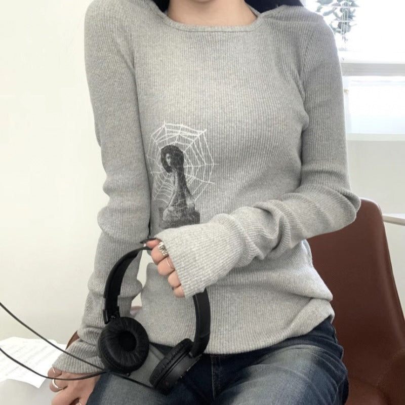 Grunge Print Graphic Long Sleeve Top - fairypeony