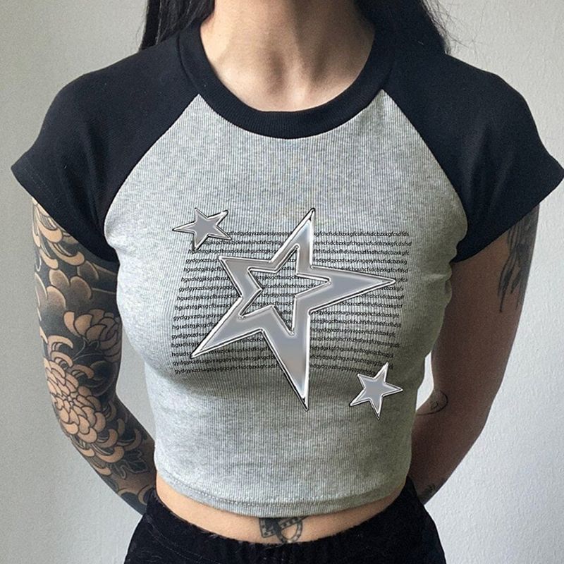 Star Graphic Raglan Sleeve Rib Crop Top - fairypeony