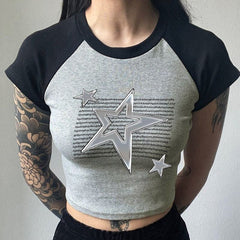 Star Graphic Raglan Sleeve Rib Crop Top - fairypeony