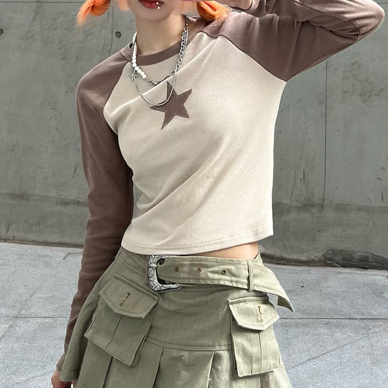 Raglan Sleeve Star Patch Knit Crop Top - fairypeony