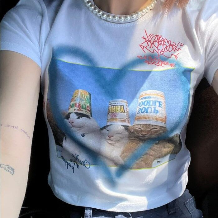 Aesthetic Cats Print Y2K Crop Top - fairypeony