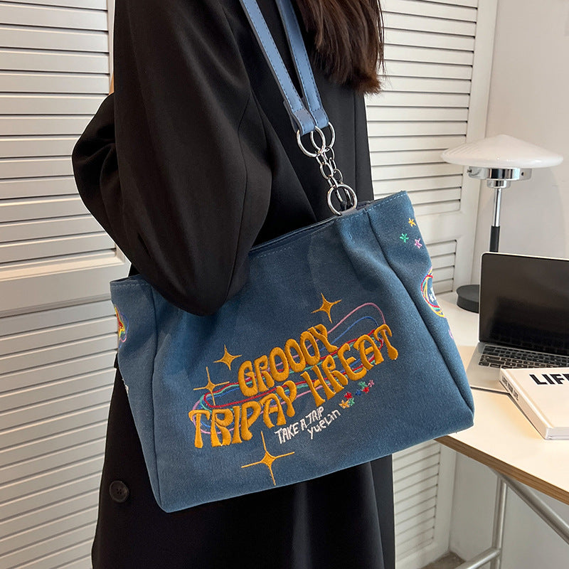 Aesthetic Large Canvas Embroidered Shoulder Bag - fairypeony