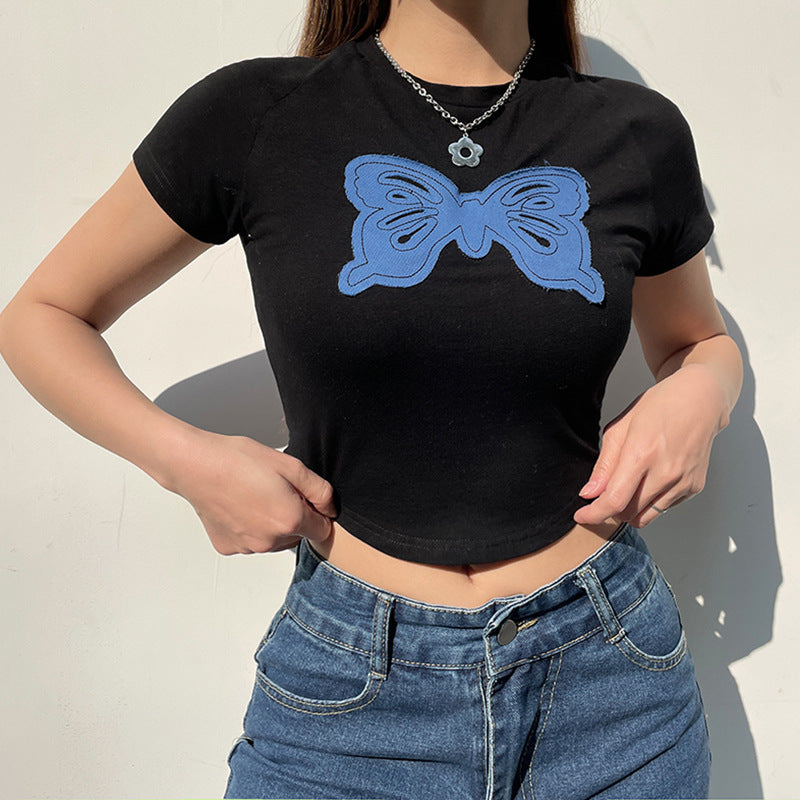 Butterfly Patch Black Crop Top - fairypeony