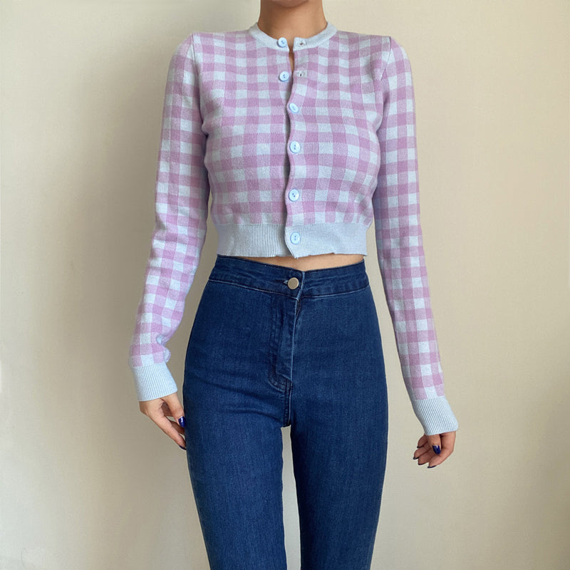 Checkered Button Front Knit Crop Cardigan, , women clothing, checkered-button-front-knit-crop-cardigan, , fairypeony