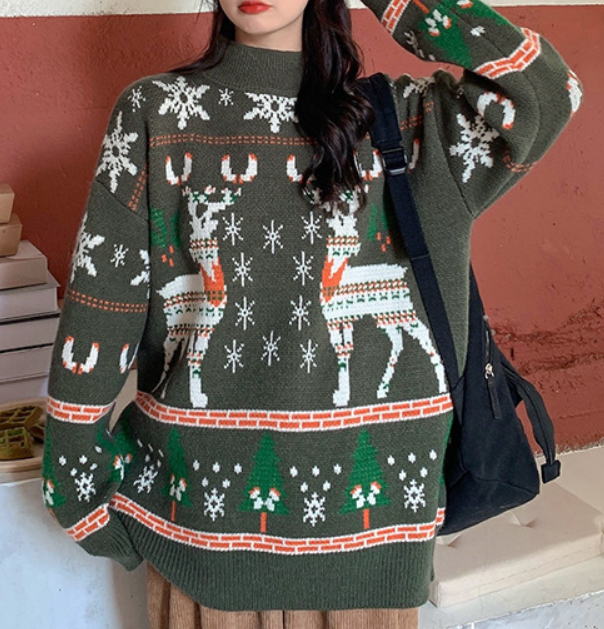 Christmas Elk Jacquard Sweater, fairy peony, women clothing, christmas-elk-jacquard-sweater, , fairypeony