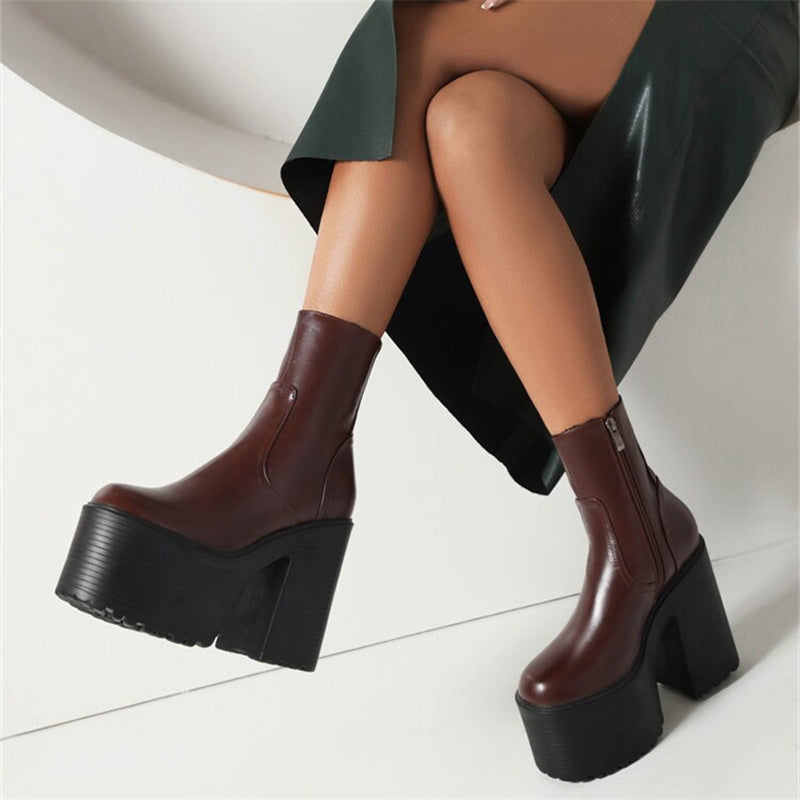 Chunky Heel Round Toe Platform Boots, , women clothing, chunky-heel-round-toe-platform-boots, , fairypeony