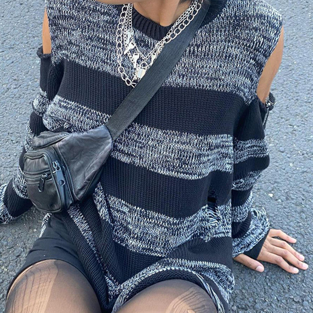 Cold Shoulder Striped Downtown Sweater - fairypeony