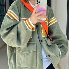 Color Block Vintage Embroidered Varsity Jacket - fairypeony