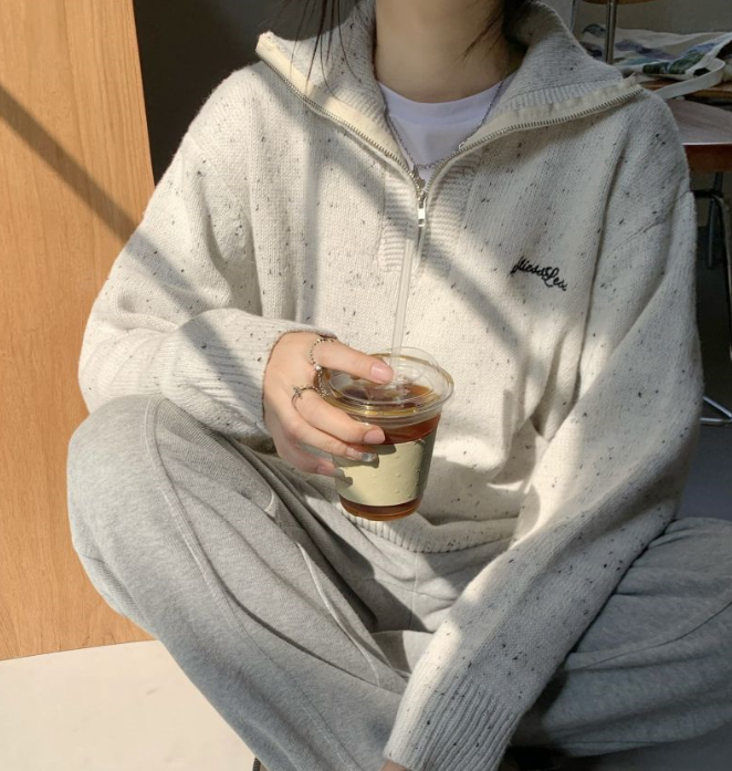 Contrast Half Zip Oversized Knit Sweater, , women clothing, contrast-half-zip-oversized-knit-sweater, , fairypeony