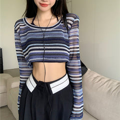Contrast Striped Crochet Knit Crop Top - fairypeony