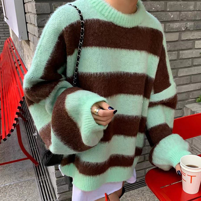 Crew Neck Pullover Striped Knit Sweater, , women clothing, crew-neck-pullover-striped-knit-sweater, , fairypeony
