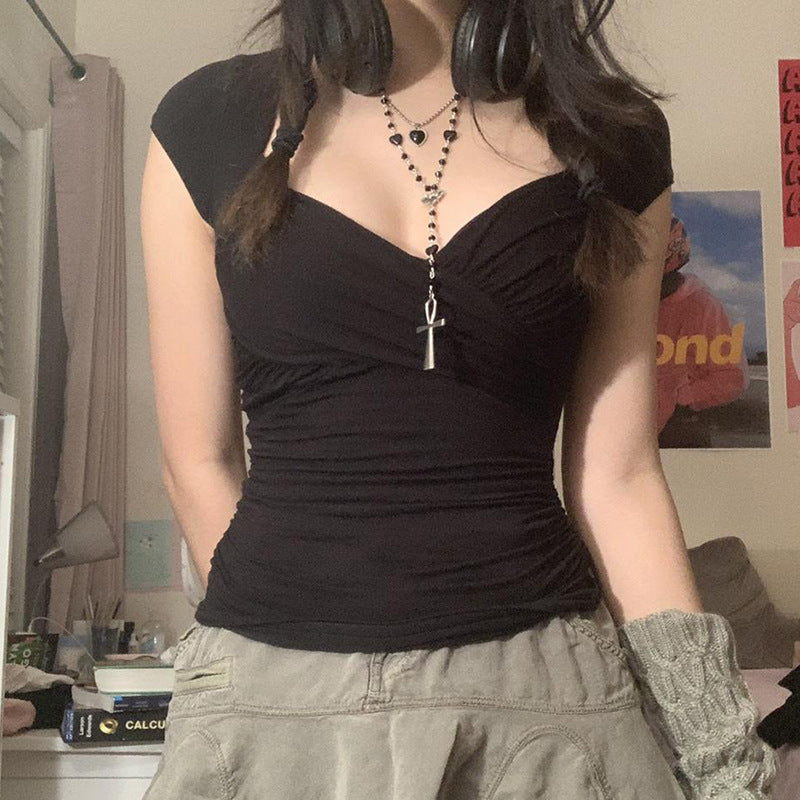 Criss Cross Ruched V Neck Tee - fairypeony