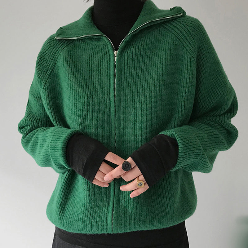 Dark Green Zip Up Knit Cardigan, , women clothing, dark-green-zip-up-knit-cardigan, , fairypeony