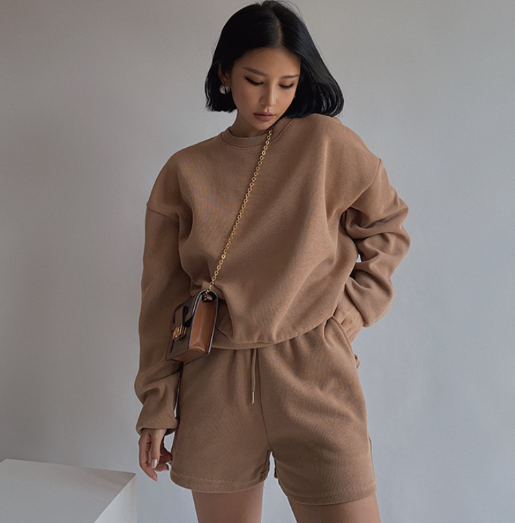 Drop Shoulder Halp Zip Sweatshirt & Drawstring Shorts Set, , women clothing, drop-shoulder-halp-zip-sweatshirt-drawstring-shorts-set, , fairypeony