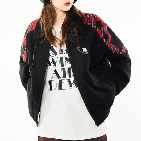 Embroidered Stars Plaid Varsity Jacket - fairypeony