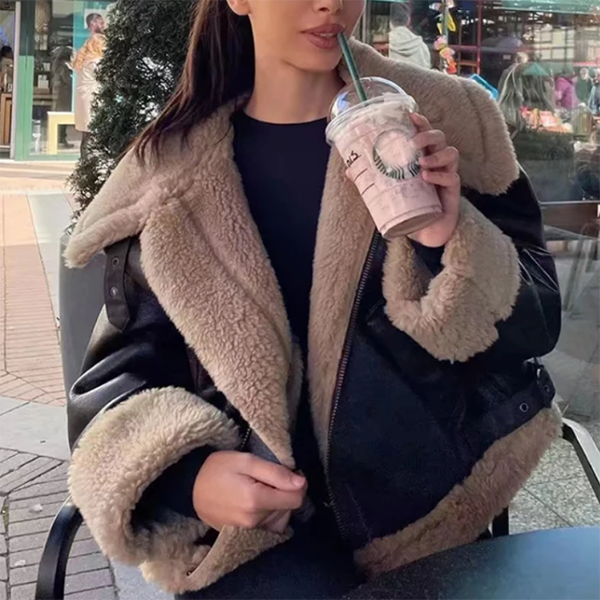 Faux Fur Collar Pu Leather Jacket - fairypeony