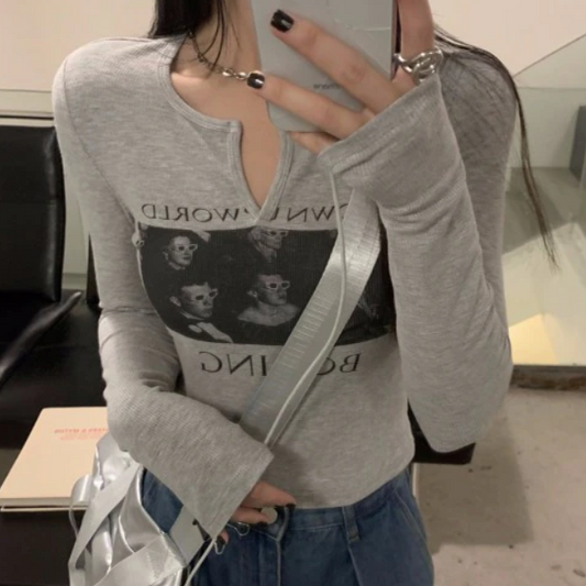 Figure Graphic Long Sleeve Crop Top - fairypeony