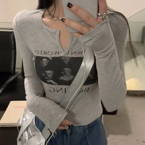 Figure Graphic Long Sleeve Crop Top - fairypeony