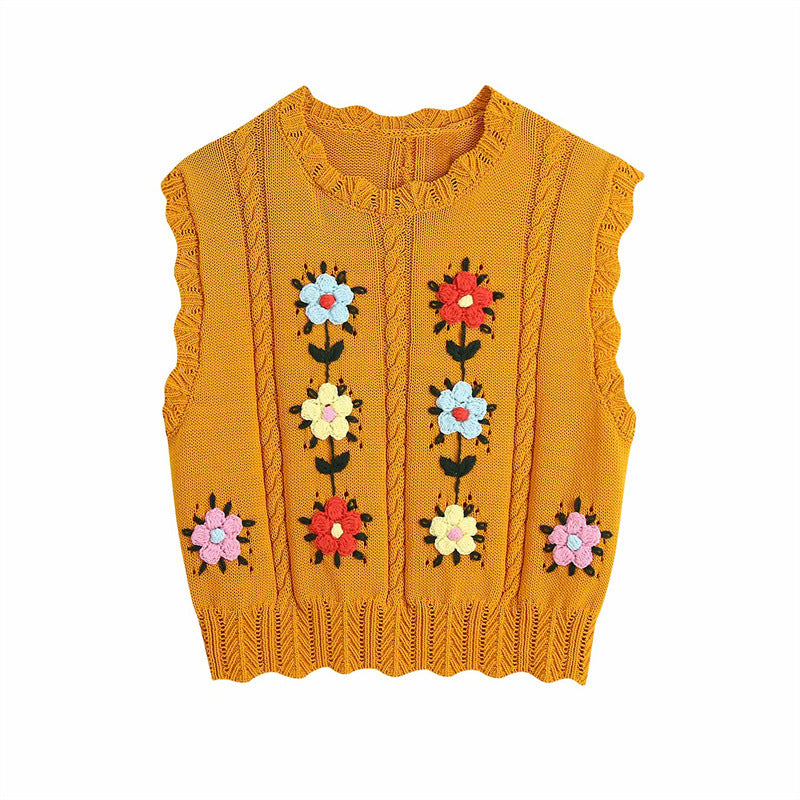 Flowers Embroidery Yellow Vest, , women clothing, flowers-embroidery-yellow-vest, L, M, S, yellow, fairypeony