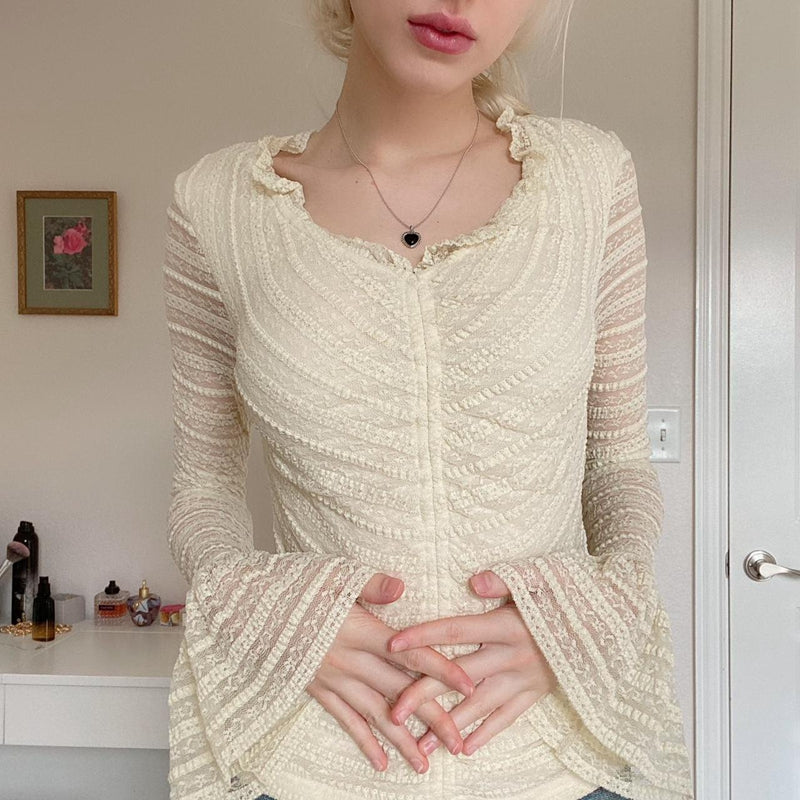 Frill Trim Lace Long Sleeve Blouse - fairypeony