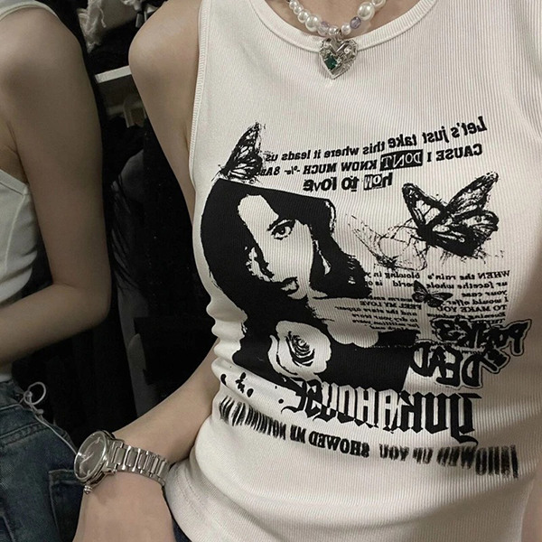 Gothic Punk Printed Rib Crop Tank Top - fairypeony