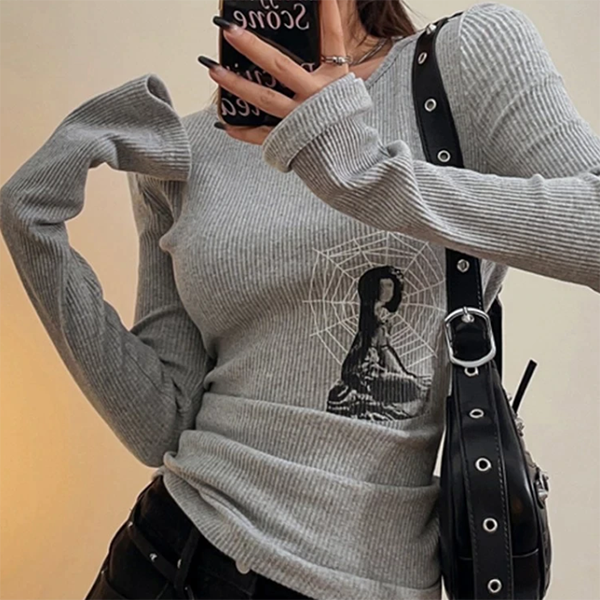 Grunge Print Graphic Long Sleeve Top - fairypeony