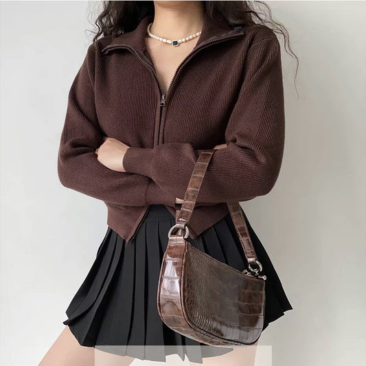 Lapel Double Zip Turtleneck Knitted Sweater, , women clothing, lapel-double-zip-turtleneck-knitted-sweater, black, coffee, grey, white, fairypeony