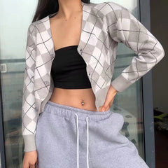 Plaid Preppy Argyle Cardigan, , women clothing, plaid-preppy-argyle-cardigan, grey, orange, fairypeony