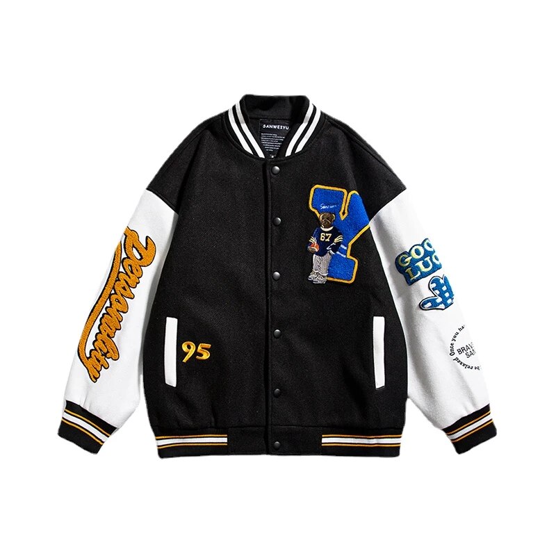 Retro Embroidery Letter Baseball Jacket, , women clothing, retro-embroidery-letter-baseball-jacket, black, blue, fairypeony