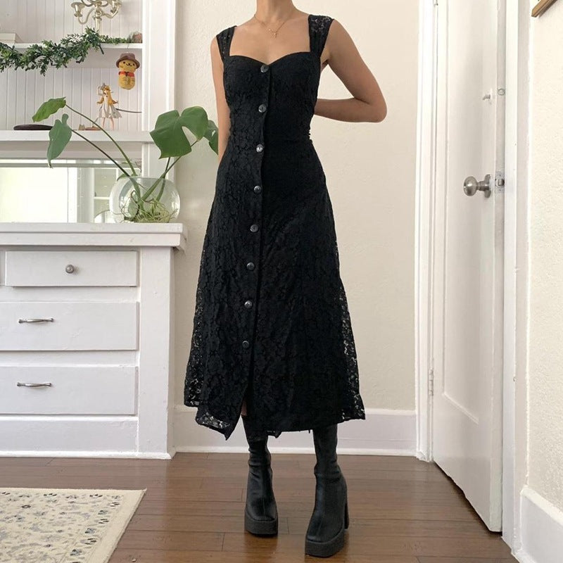 Lace Button Front Black Maxi Dress - fairypeony