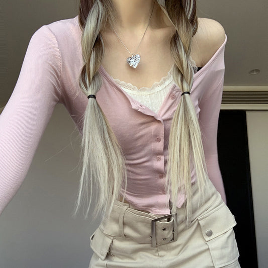 Lace Trim Knit Long Sleeve Button Crop Top - fairypeony