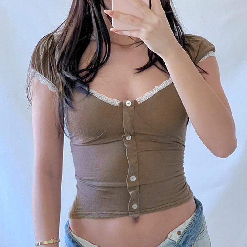 Lace Trim Short Sleeve Button Crop Top - fairypeony
