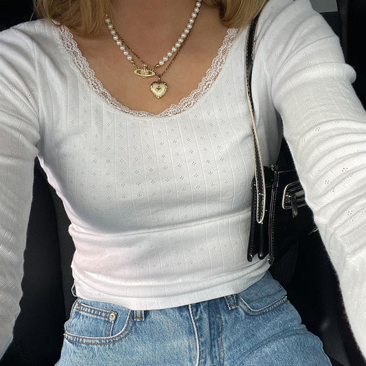 Lace Trim White Knit Top - fairypeony