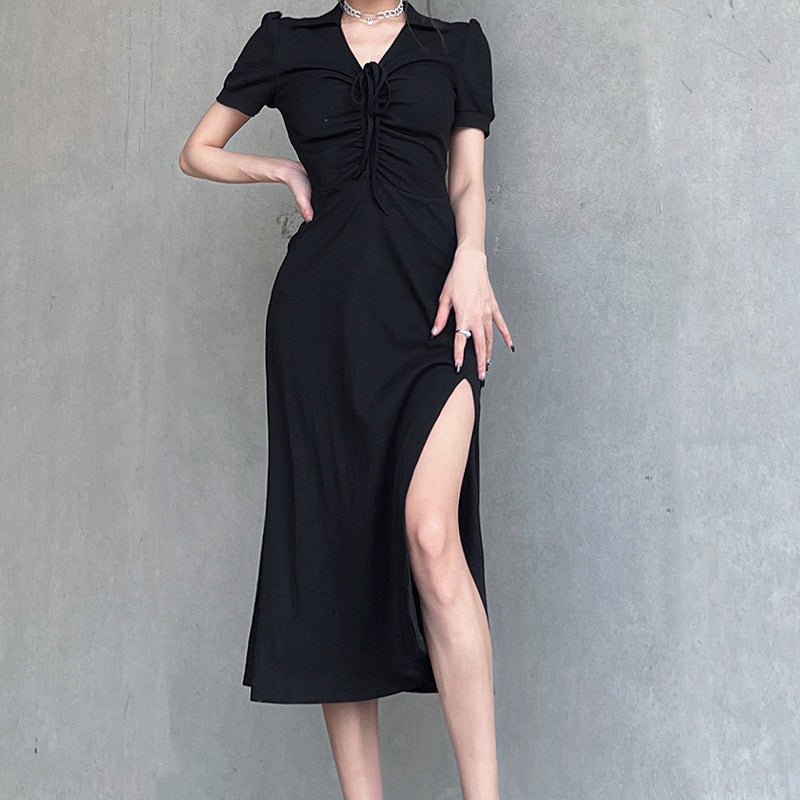 Lace Up Slit Knitted Black Maxi Dress - fairypeony