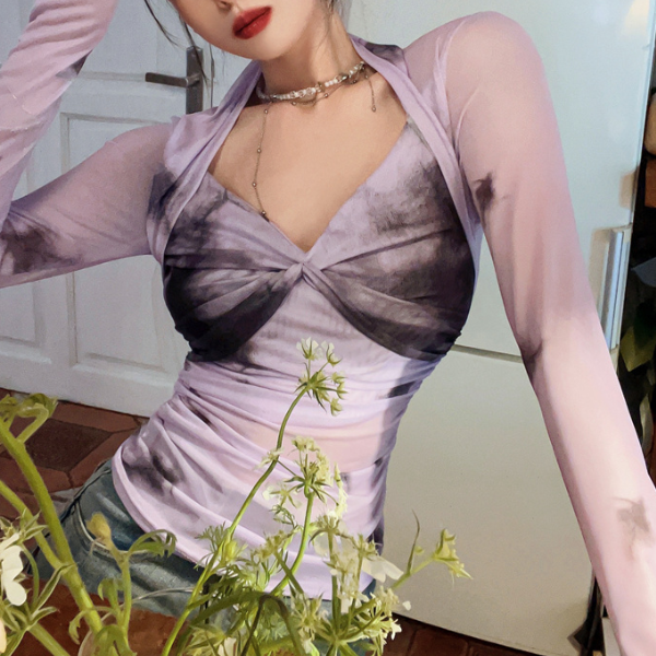 Lavender Contrasting Mesh Long Sleeve Top - fairypeony