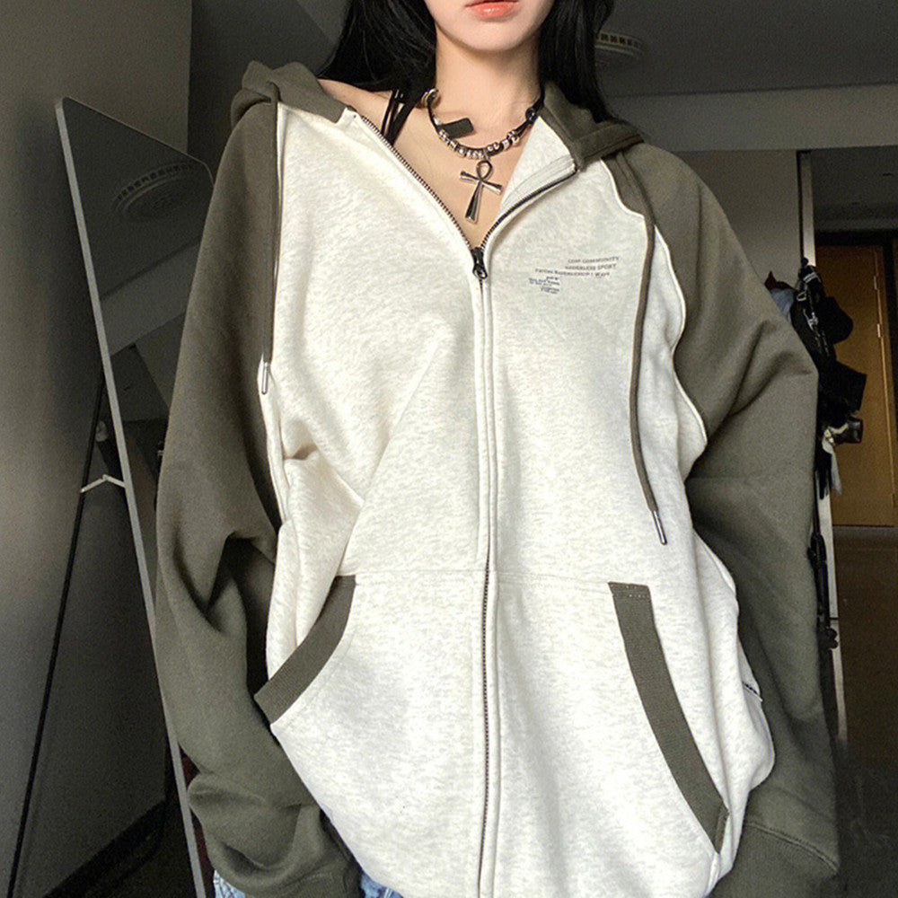 Letter Graphic Color Block Zip Up Hoodie - fairypeony