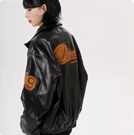 Logo Embroidered Pu Leather Varsity Jacket, , women clothing, logo-embroidered-pu-leather-varsity-jacket, , fairypeony