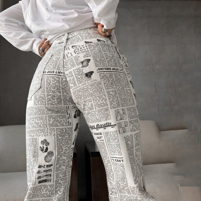 Newspaper Print Washed Boyfriend Jeans - fairypeony