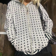 Allover Star Print Zip Up Downtown Hoodie - fairypeony