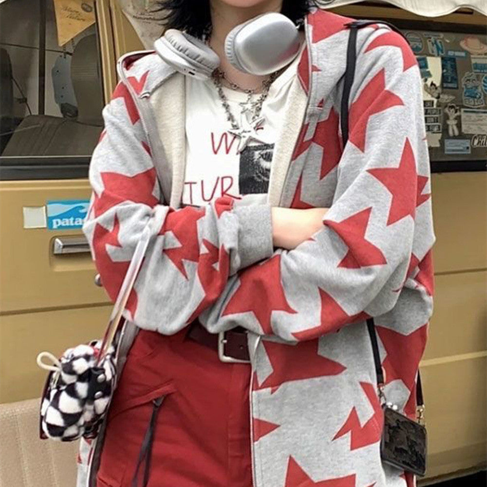 Oversized Star Print Zip Up Hoodie, , women clothing, oversized-star-print-zip-up-hoodie, , fairypeony
